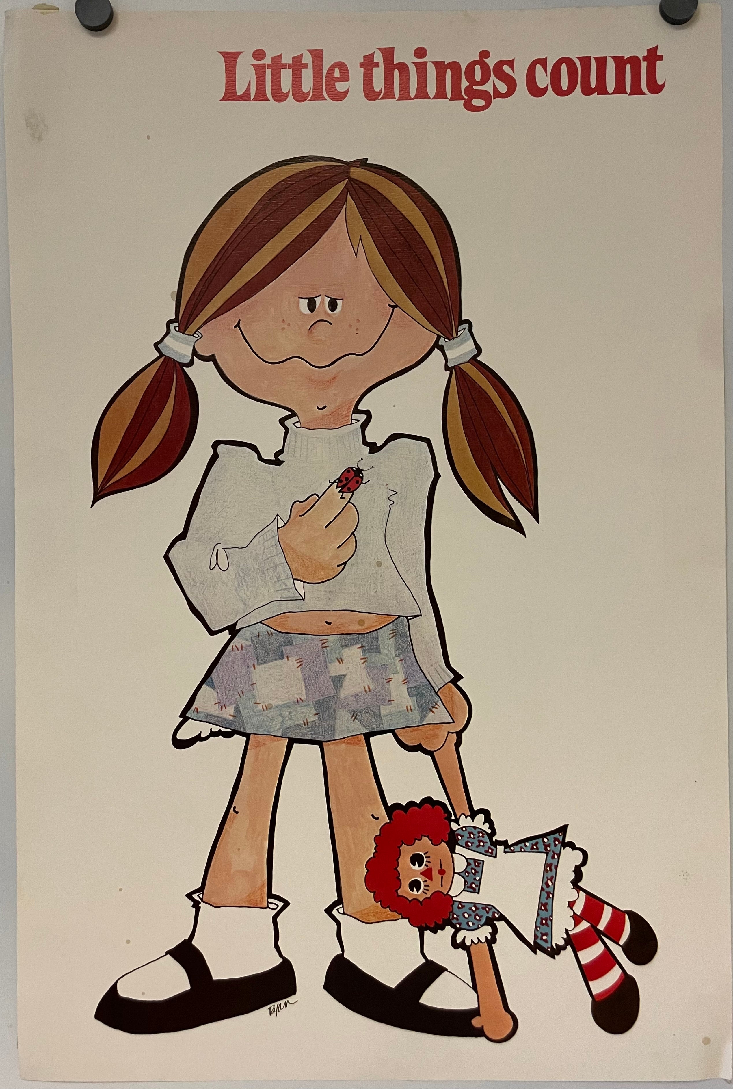 Vintage poster featuring a cartoon illustration of a little girl with pigtails holding a small, presumably Raggedy Ann doll, with the text 'LITTLE THINGS COUNT' at the top.