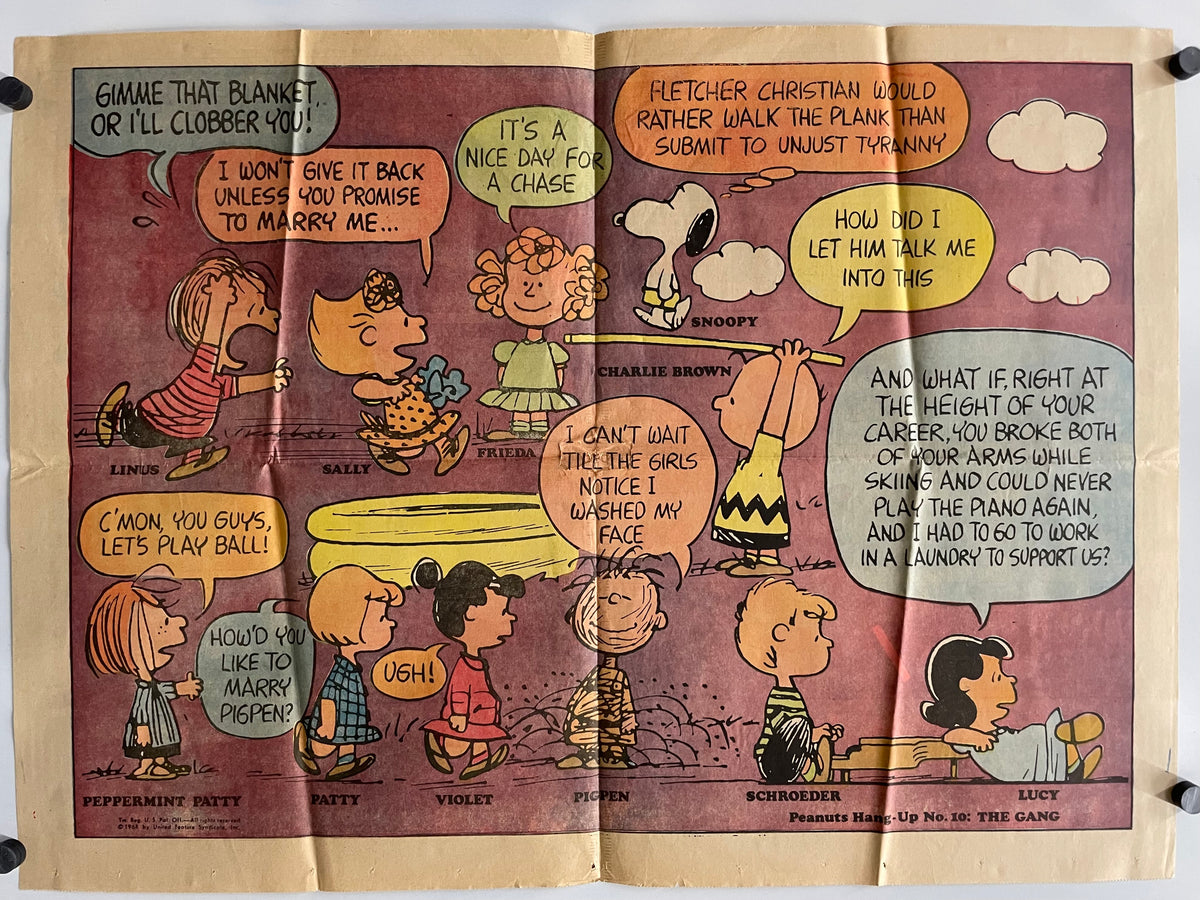 Comic strip panel from 'Peanuts' featuring various characters with speech bubbles.