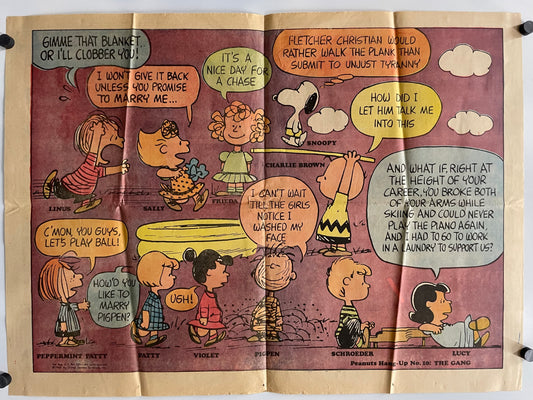 Comic strip panel from 'Peanuts' featuring various characters with speech bubbles.