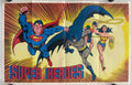 Vintage-style poster featuring Superman, Batman, and Wonder Woman with 'Super Heroes' text.