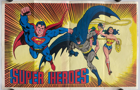 Vintage-style poster featuring Superman, Batman, and Wonder Woman with 'Super Heroes' text.