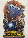 Vintage Atari Asteroids game poster with space ship and asteroids