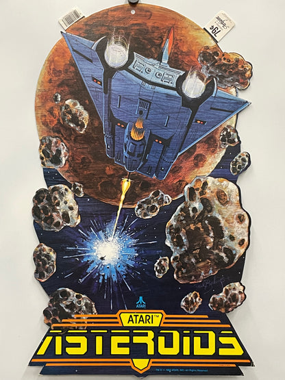 Vintage Atari Asteroids game poster with space ship and asteroids