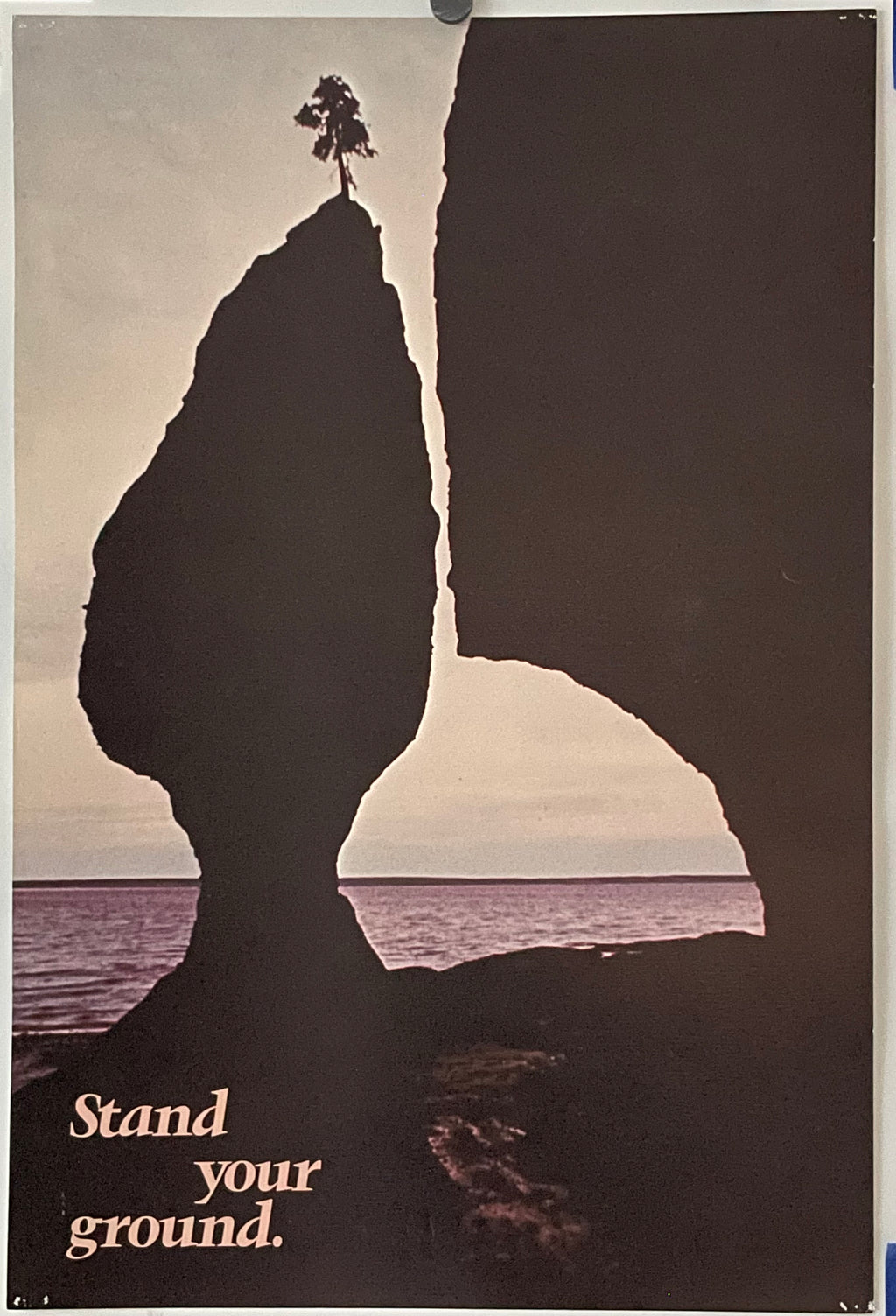 Vintage poster featuring a natural stone formation with a tree on top, overlooking a body of water, with the text 'Stand Your Ground' at the bottom.