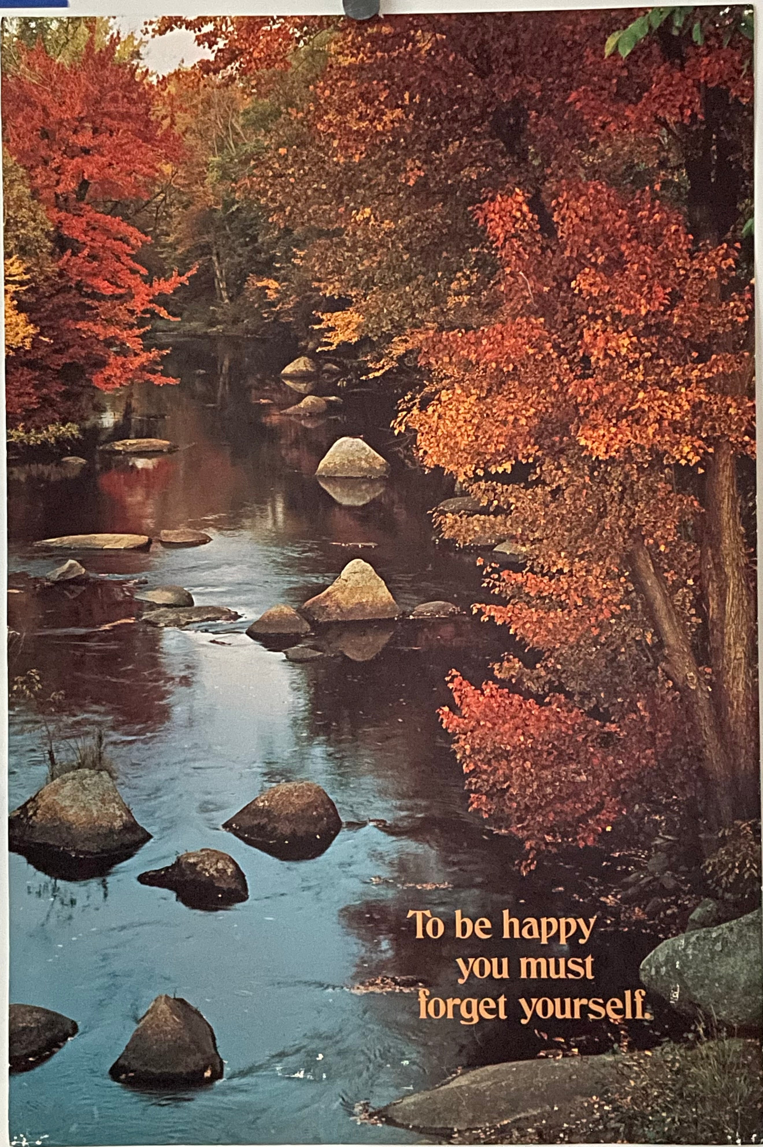 To Be Happy You Must Forget Yourself, (#2230) vintage ARGUS poster depicting a scenic view of a river with trees in autumn colors and rocks, with the text 'To be happy you must forget yourself.