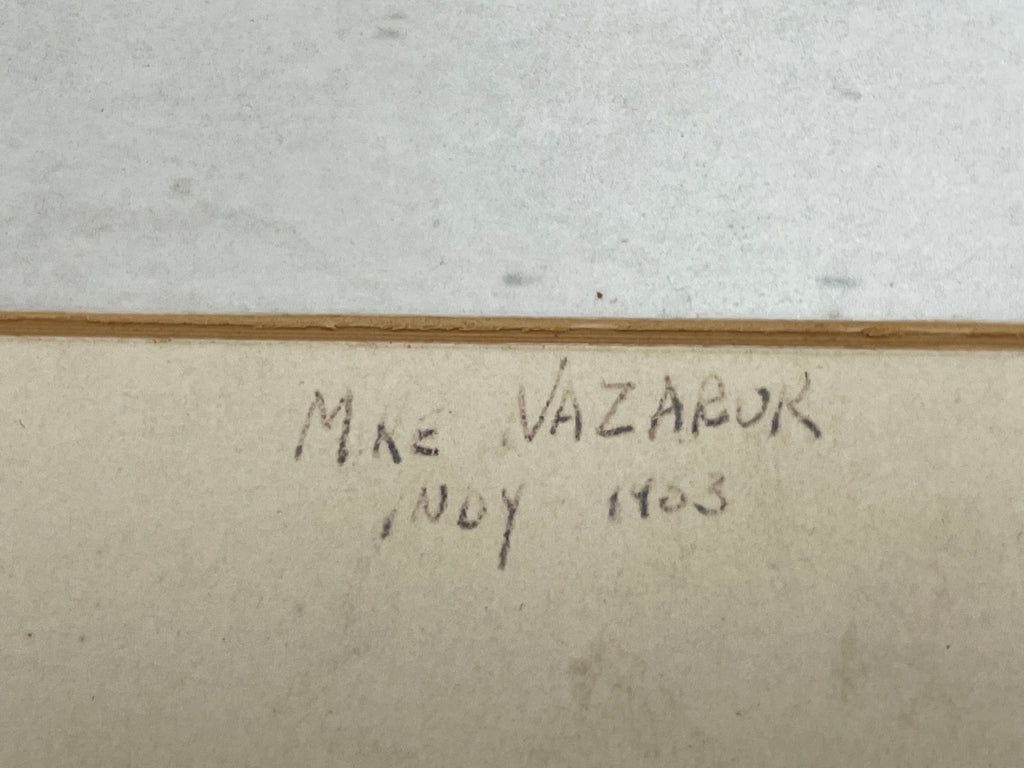 Signature on a textured surface with 'M. E. Vazabok' and 'Nov 1903' written in black ink.