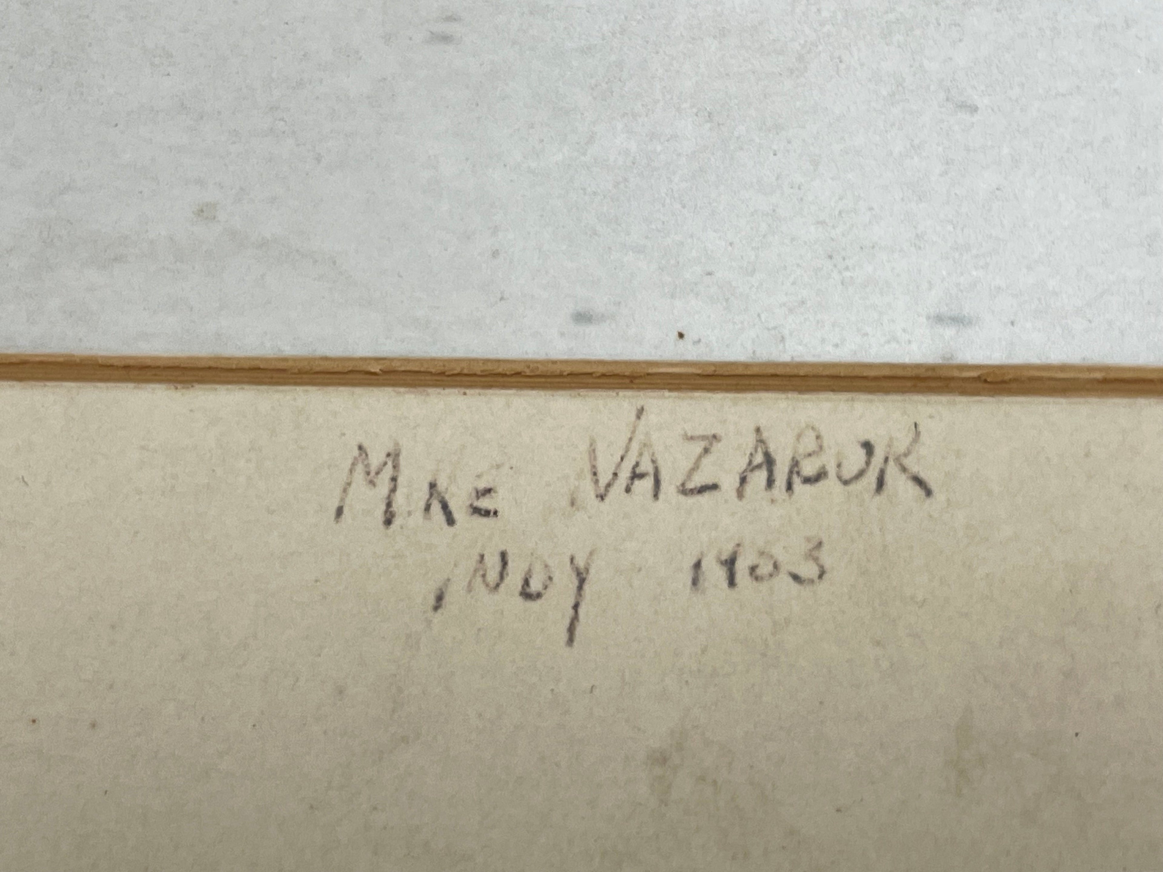 Signature on a textured surface with 'M. E. Vazabok' and 'Nov 1903' written in black ink.