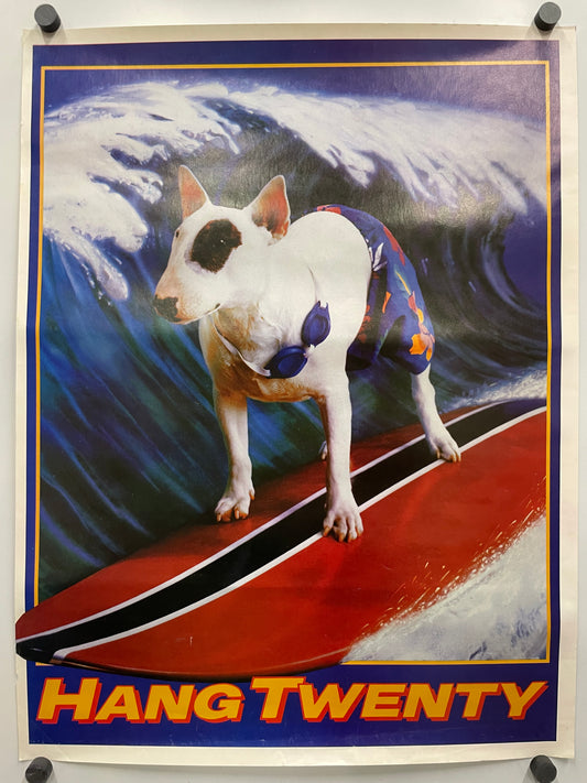 Poster of the popular bull terrier dog Spuds McKenzie surfing with 'Hang Twenty' text on a blue and red wave background.