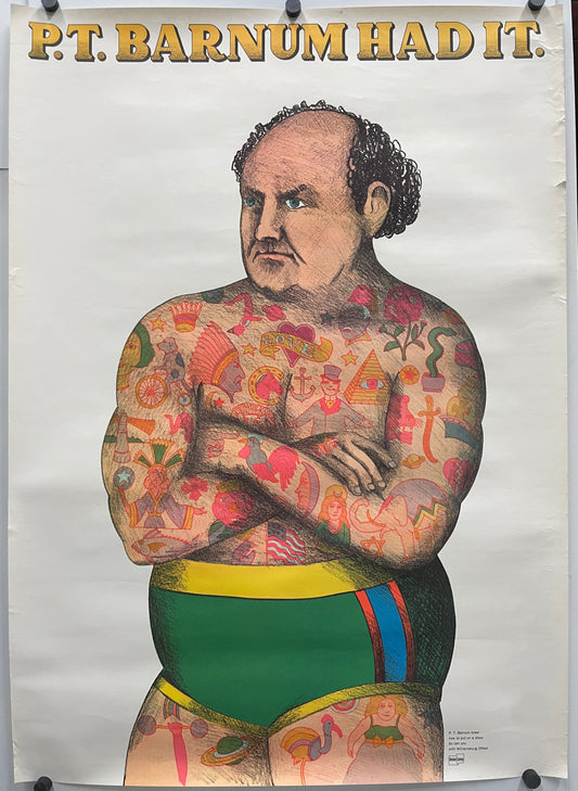 Colorful illustration of a tattooed man with text on a white background