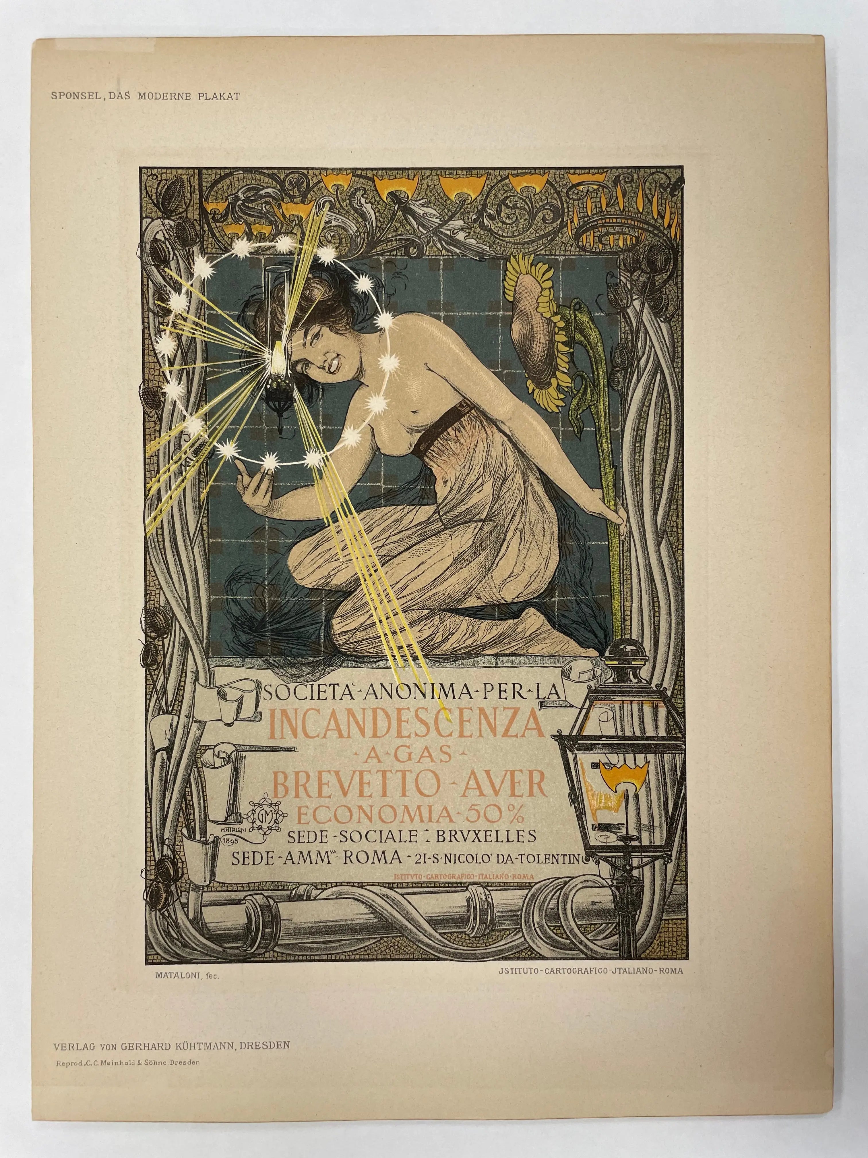 Incandescenza - a Gas - Brevetto - Aver, antique lithographic plate from Sponsel Das Moderne Plakat, 1897 Happiest Kid Finds