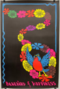 A vintage black light poster featuring a colorful string of yellow, green, orange, and pink flowers leading to a cheerful blue bird, and the text 'BLUEBIRD OF HAPPINESS' in pink at the bottom.