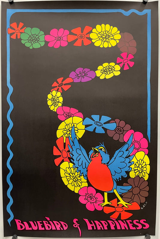 A vintage black light poster featuring a colorful string of yellow, green, orange, and pink flowers leading to a cheerful blue bird, and the text 'BLUEBIRD OF HAPPINESS' in pink at the bottom.