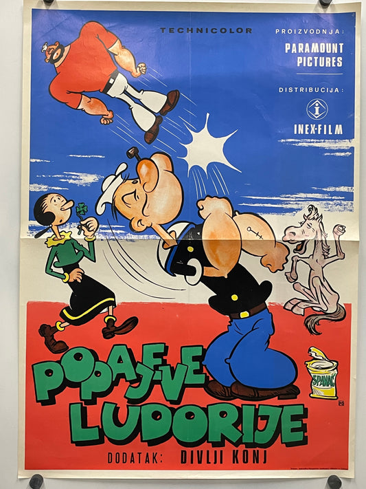 What an absolute fun find for Popeye fans, and collectors of pop culture.&nbsp; Available is the Yugoslavian release of the animation poster titled Popajeve Ludorije&nbsp;translation: "Popeye Follies) showing the trio Popeye, his beloved Olive Oyle, and his nemesis Bluto - all in bright blocks of color.