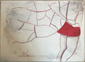An abstract canvas painting featuring a textured off-white background with a prominent bright red geometric shape near the top center, surrounded by thin red sketch lines and gray smudges.