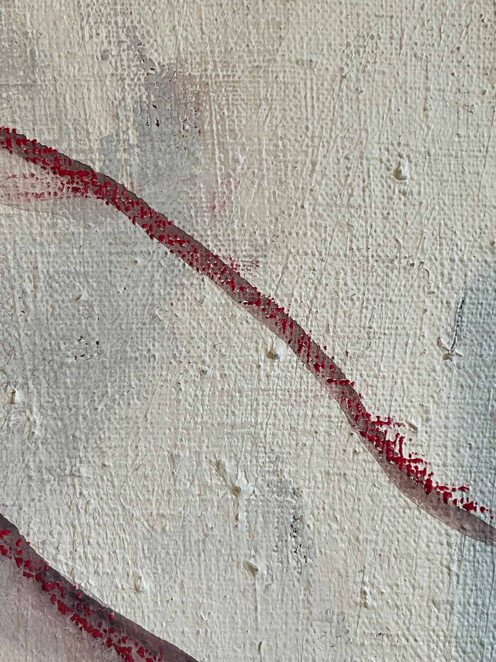 Abstract textured painting featuring a diagonal red brushstroke on a distressed off-white canvas background.