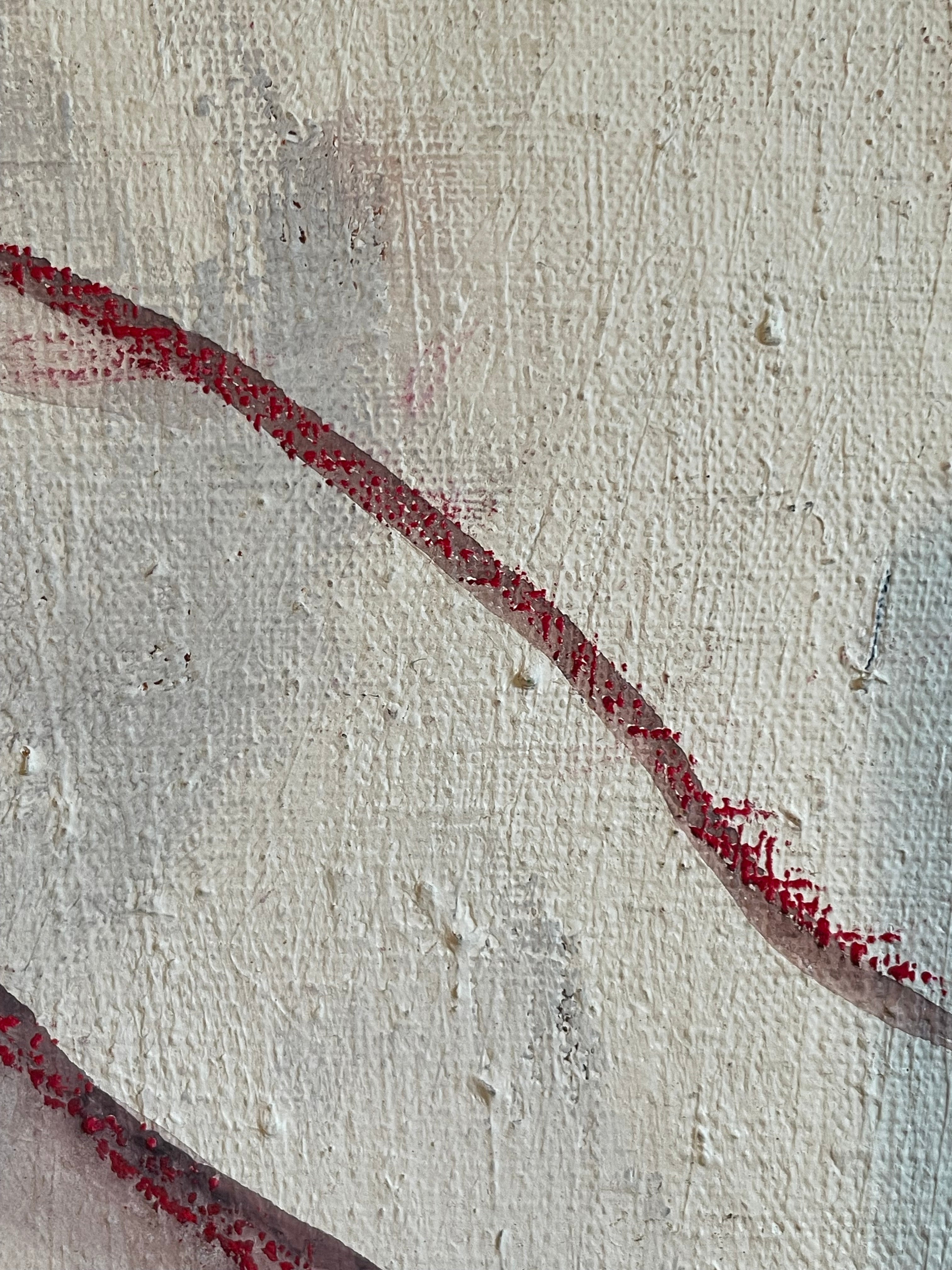 Abstract textured painting featuring a diagonal red brushstroke on a distressed off-white canvas background.