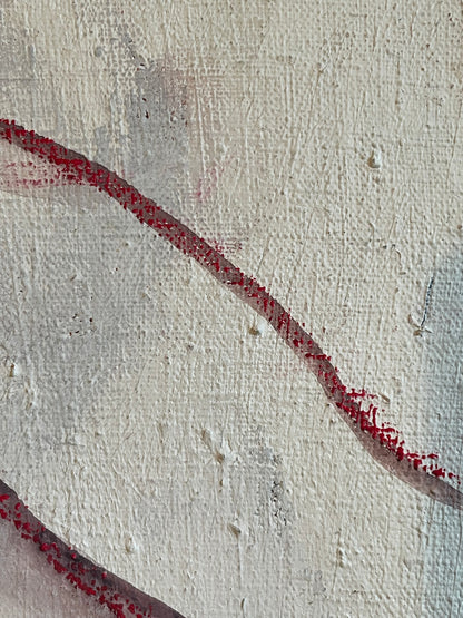Abstract textured painting featuring a diagonal red brushstroke on a distressed off-white canvas background.
