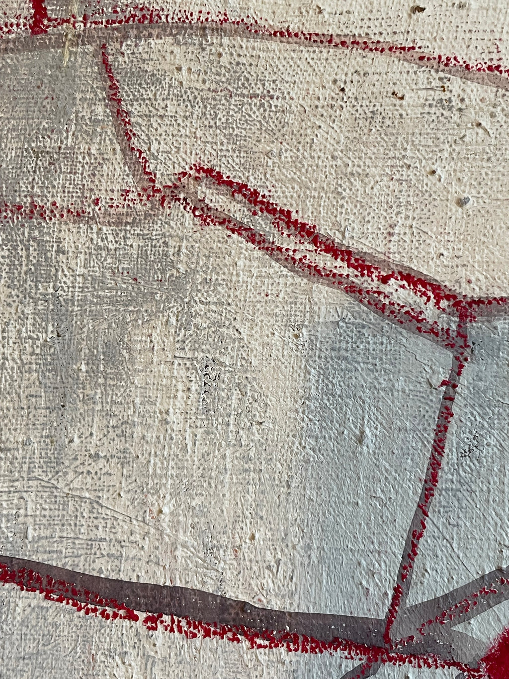 Abstract textured painting featuring a light gray and off-white canvas background with bold red painted lines and dark gray geometric shapes.