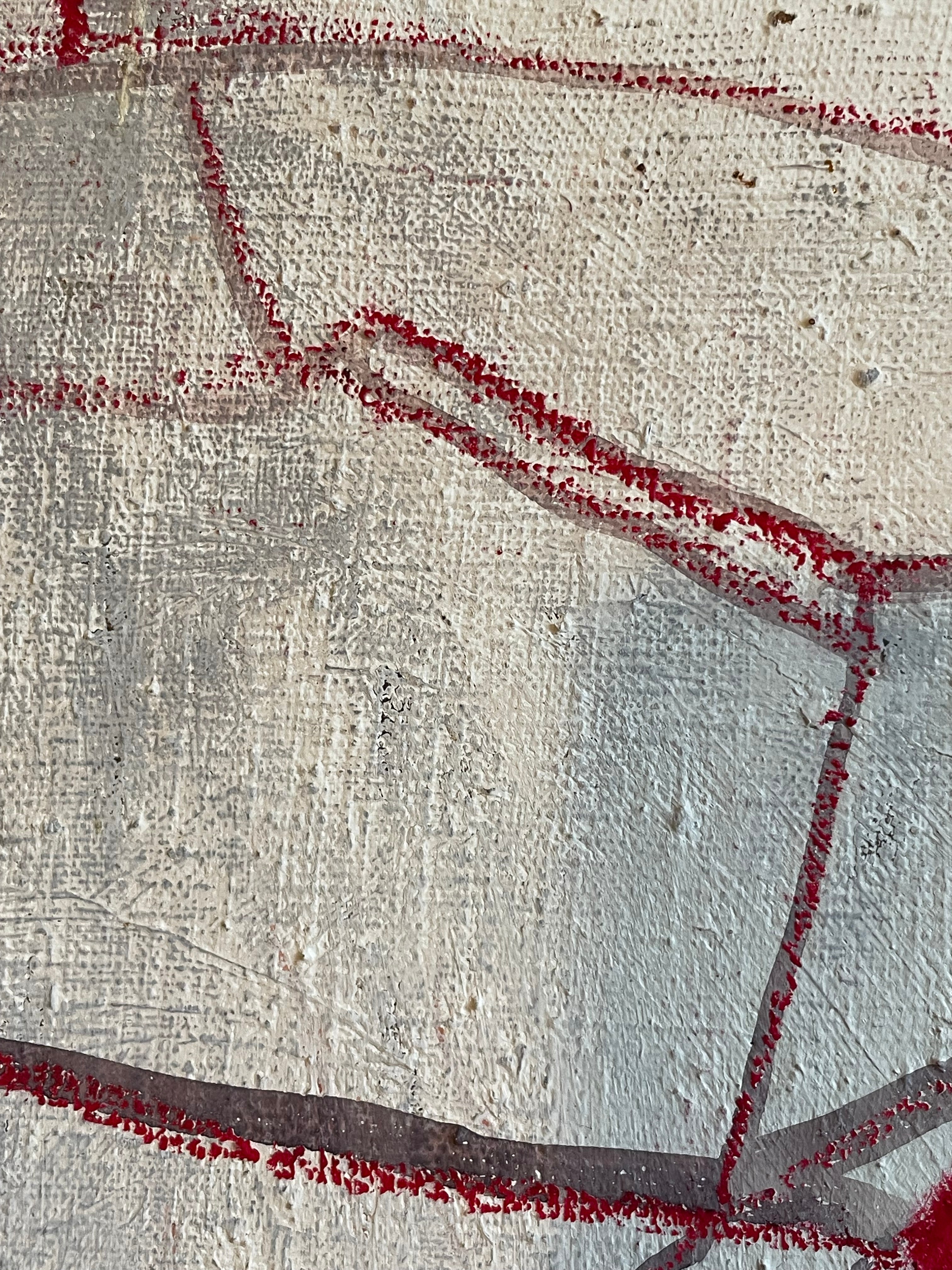 Abstract textured painting featuring a light gray and off-white canvas background with bold red painted lines and dark gray geometric shapes.