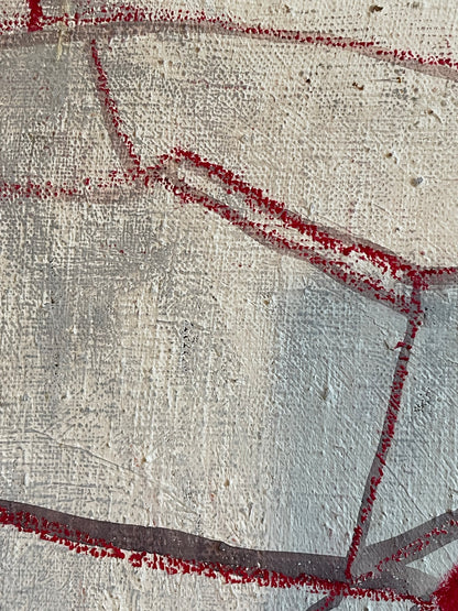 Abstract textured painting featuring a light gray and off-white canvas background with bold red painted lines and dark gray geometric shapes.
