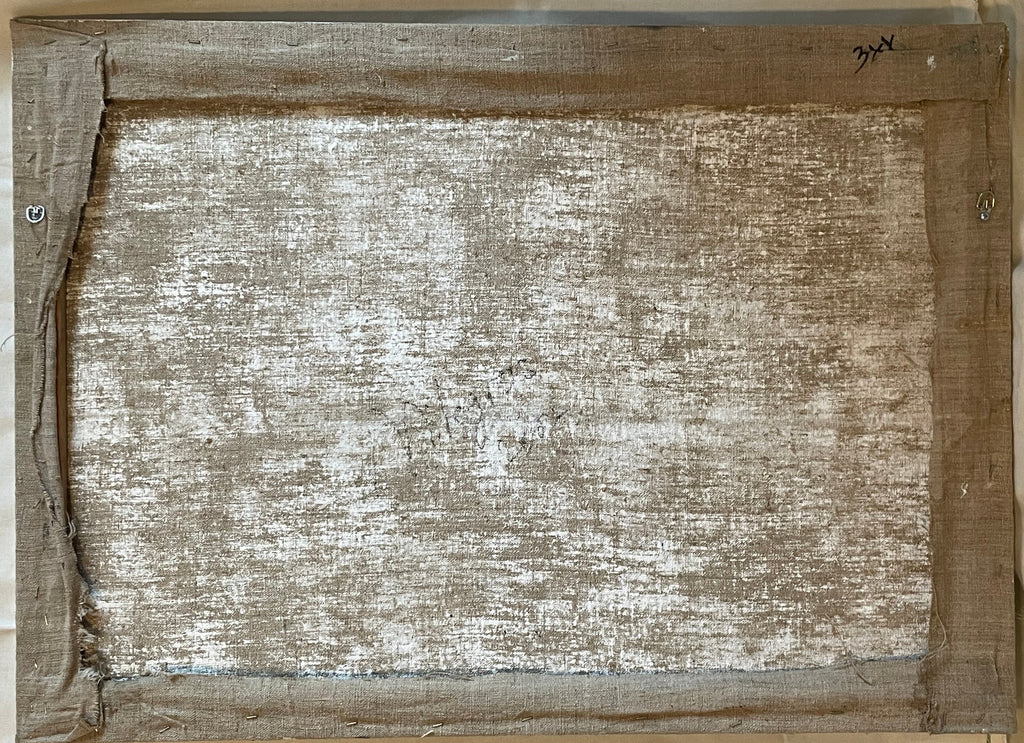 The back of the rectangular canvas for 'Red Skirt' by Milagros Melendez with a distressed, weathered finish, excess linen  stapled to the back of a stretcher, and d-rings. Central area covered in a mottled white and gray texture. Artist notations with signature and date.