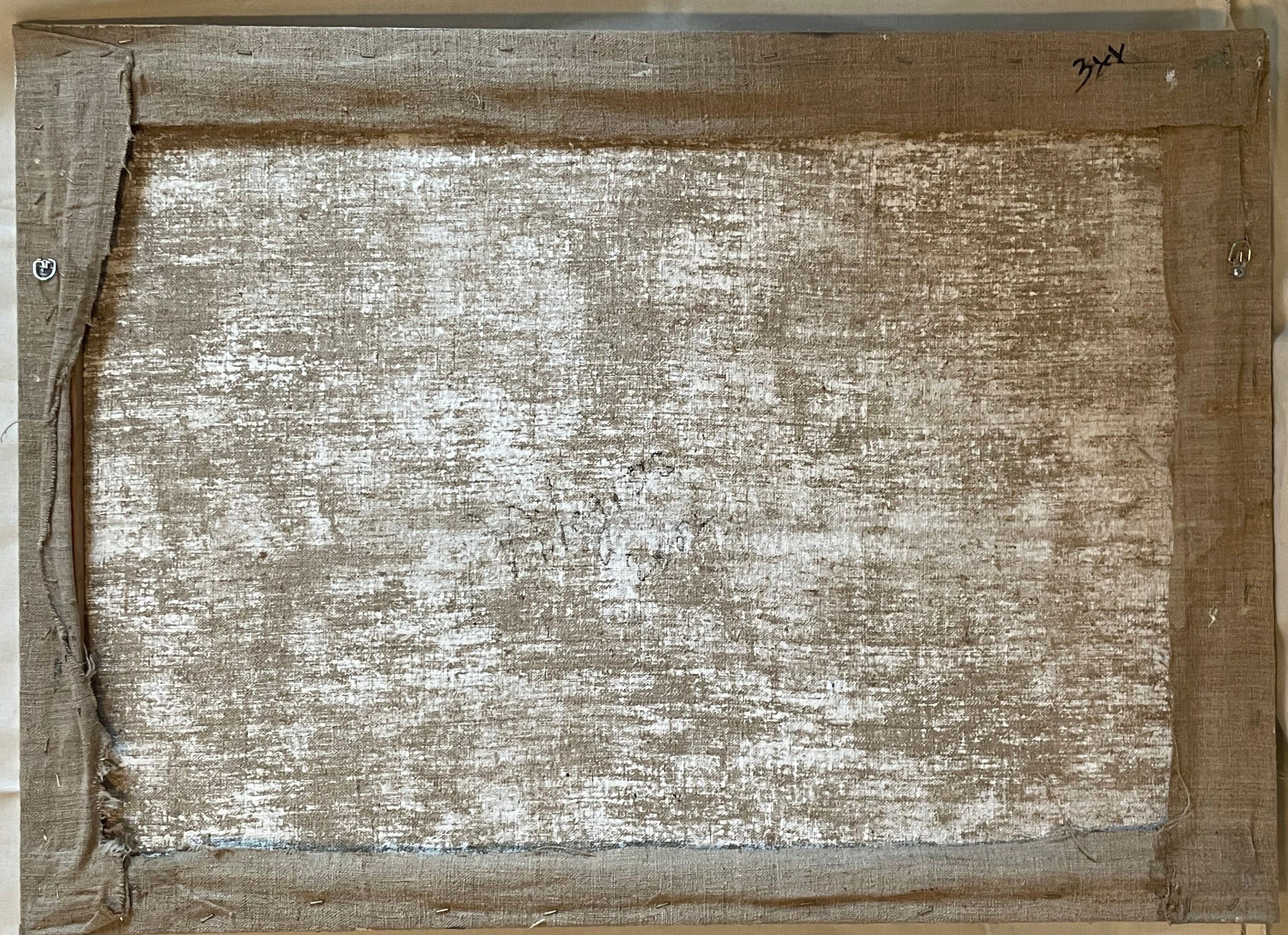 The back of the rectangular canvas for 'Red Skirt' by Milagros Melendez with a distressed, weathered finish, excess linen  stapled to the back of a stretcher, and d-rings. Central area covered in a mottled white and gray texture. Artist notations with signature and date.