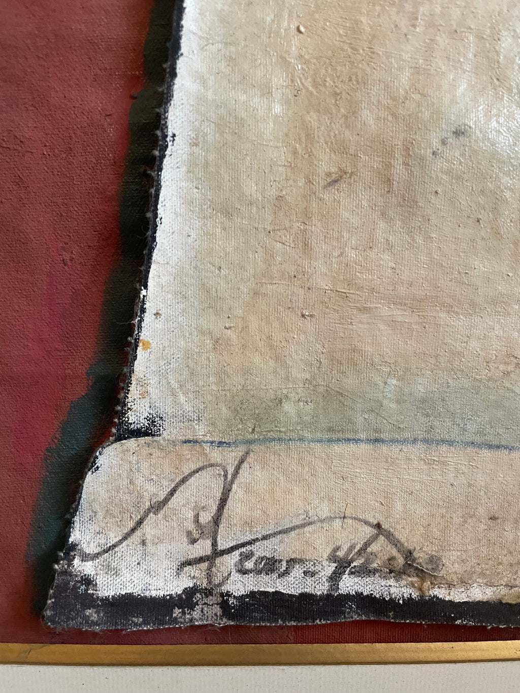 Close-up detail of a textured canvas painting showing a corner with a beige and white painted section, a date and  signature, and a reddish-brown background.