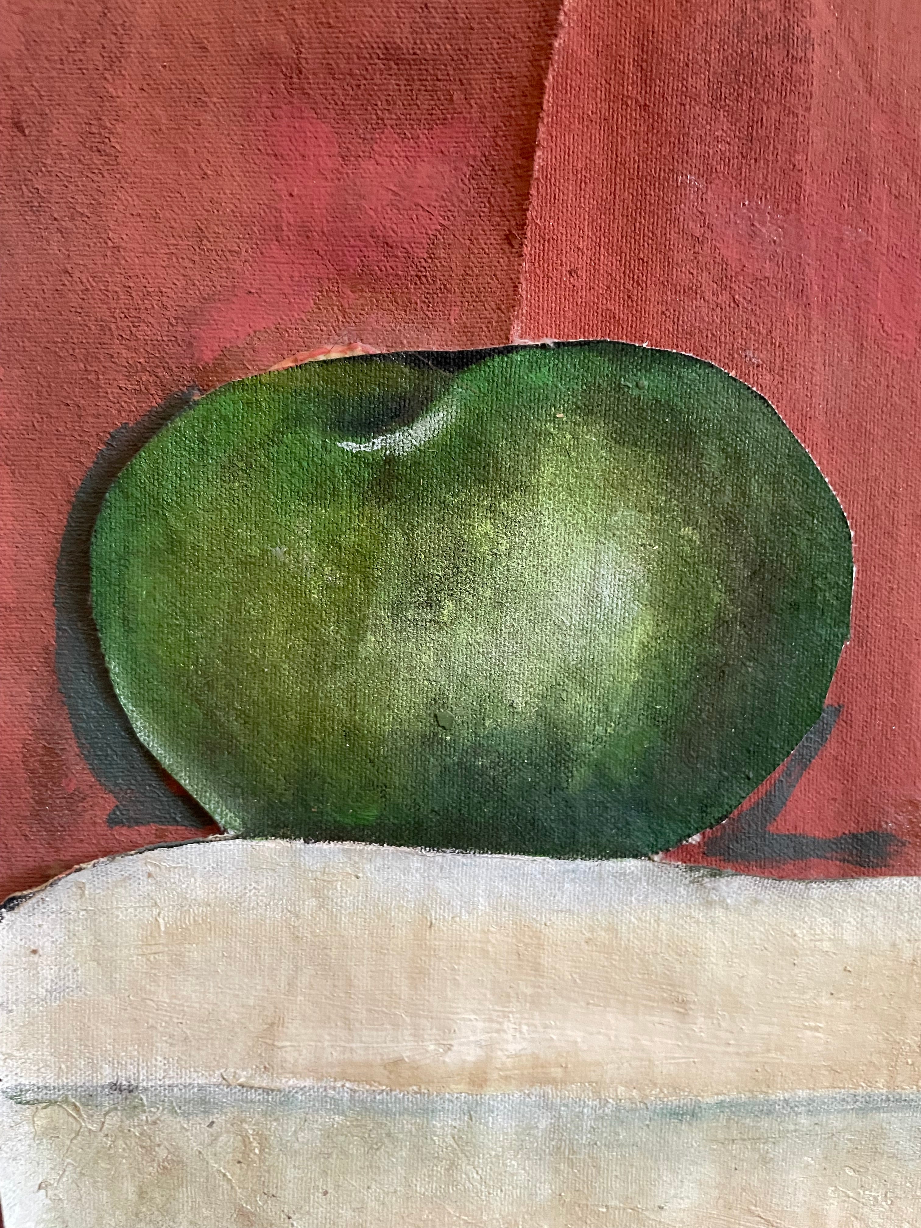 Abstract painting featuring a textured green oval shape centered on a reddish-brown background, with a vertical cream-colored textured panel on the right side.