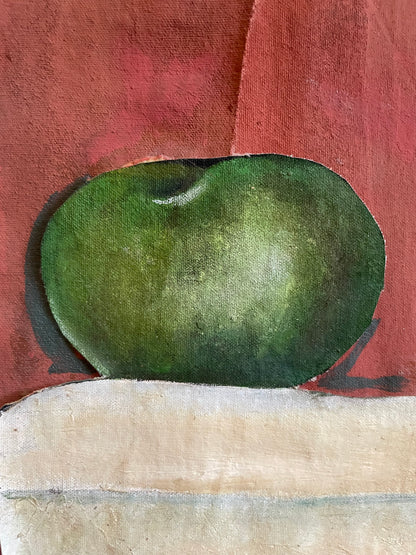 Abstract painting featuring a textured green oval shape centered on a reddish-brown background, with a vertical cream-colored textured panel on the right side.