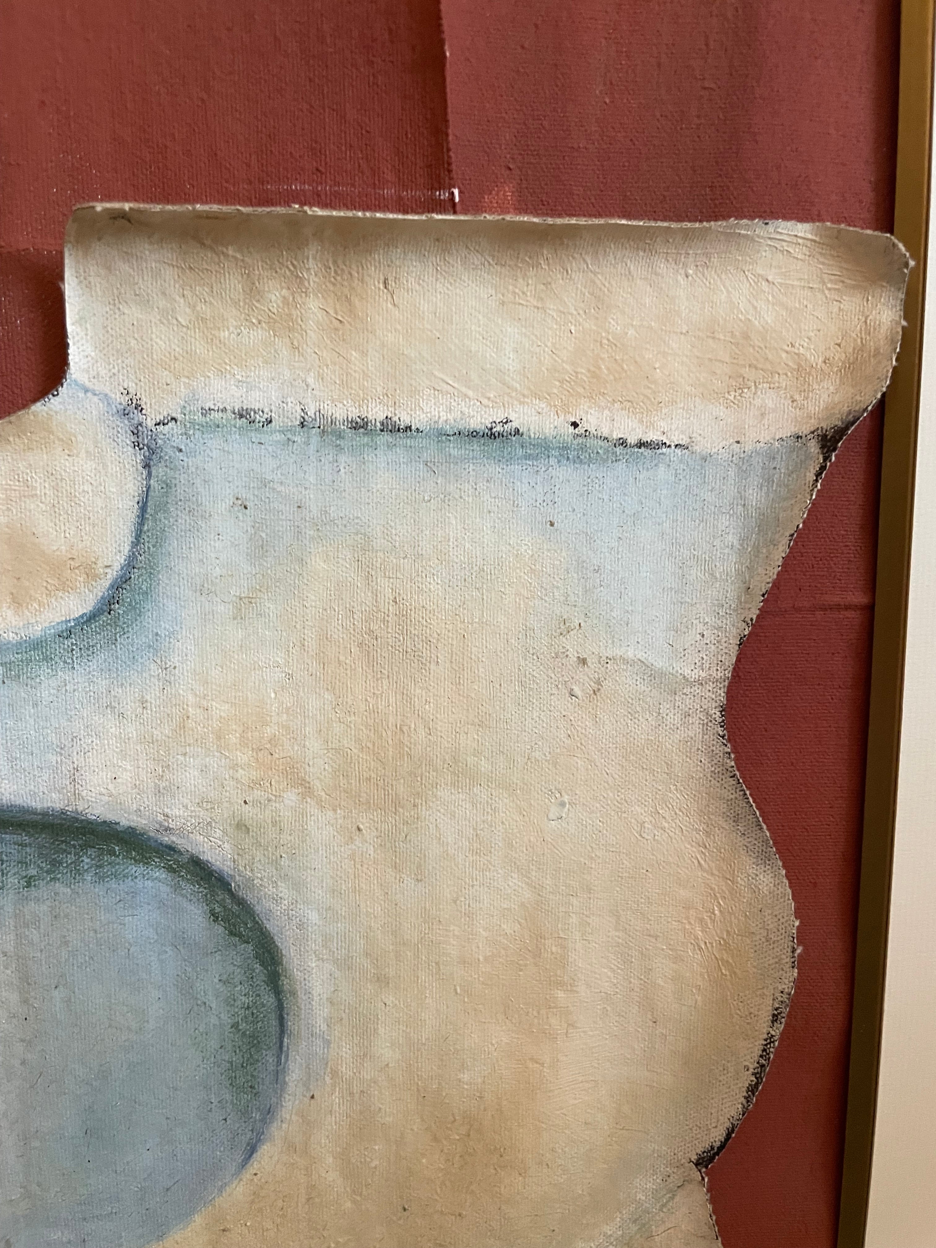 A close-up of an abstract painting featuring a textured beige and cream shape with a muted blue circular form, set against a reddish-brown background.