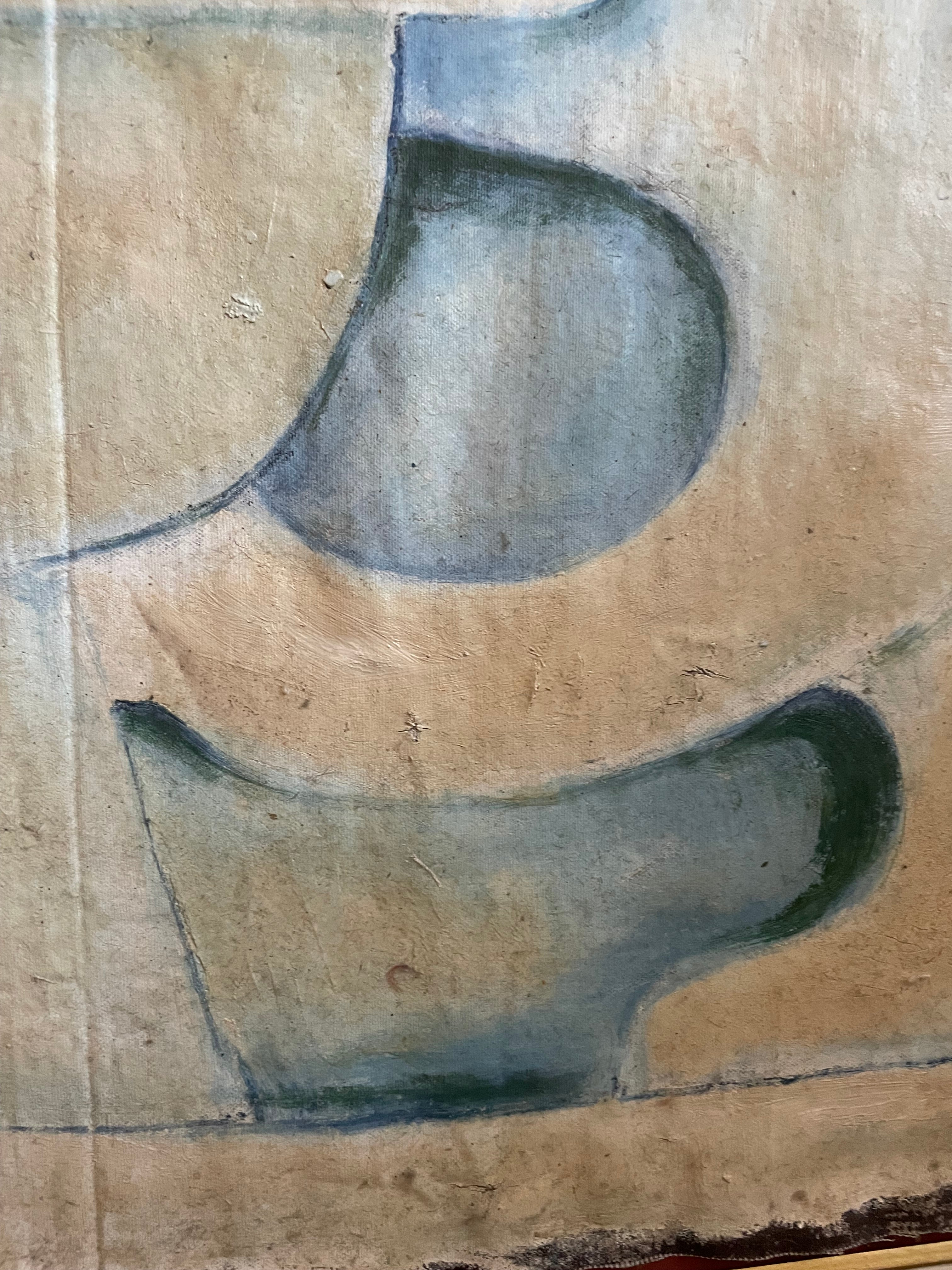 A close-up of a textured beige surface with dark gray painted abstract shapes, likely part of a canvas print or wall art.