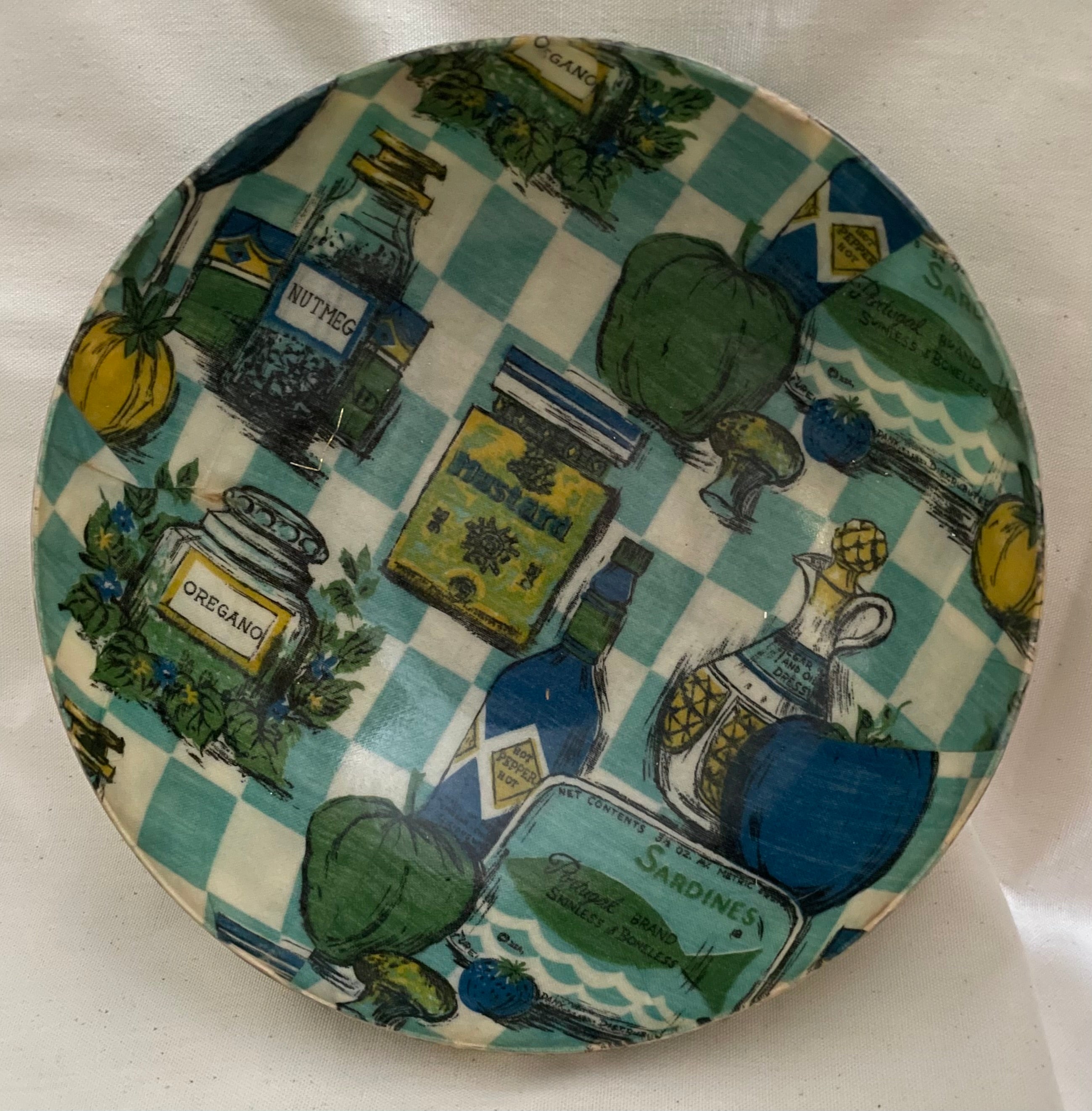 Vintage 1970s Fiberglass Spices & Condiments-Pattern Bowl post Mid-Century Modern tableware