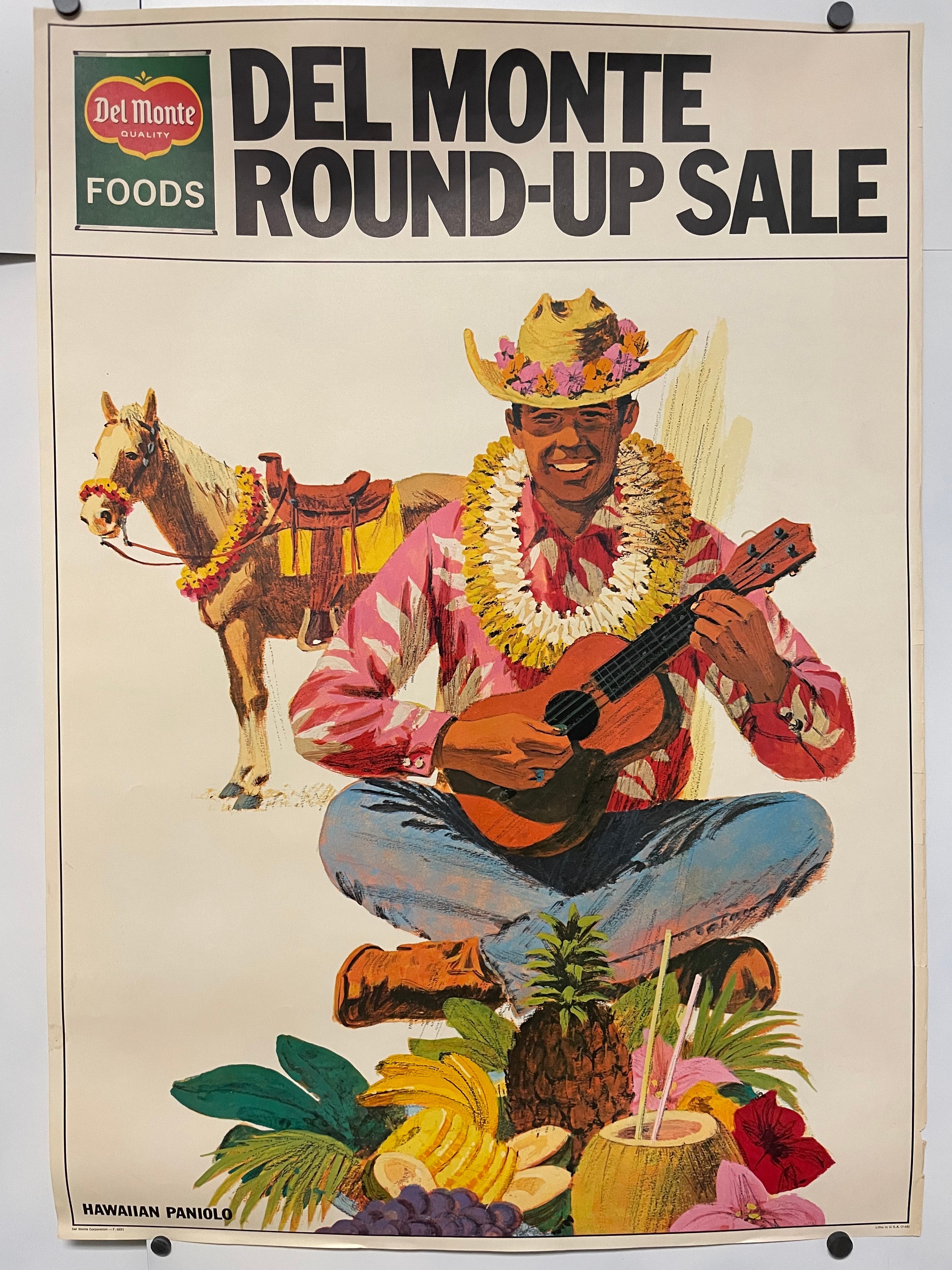 Del Monte Round-Up Sale - Hawaiian Paniolo, vintage food advertising poster (playing ukulele), c.1960 Happiest Kid Finds