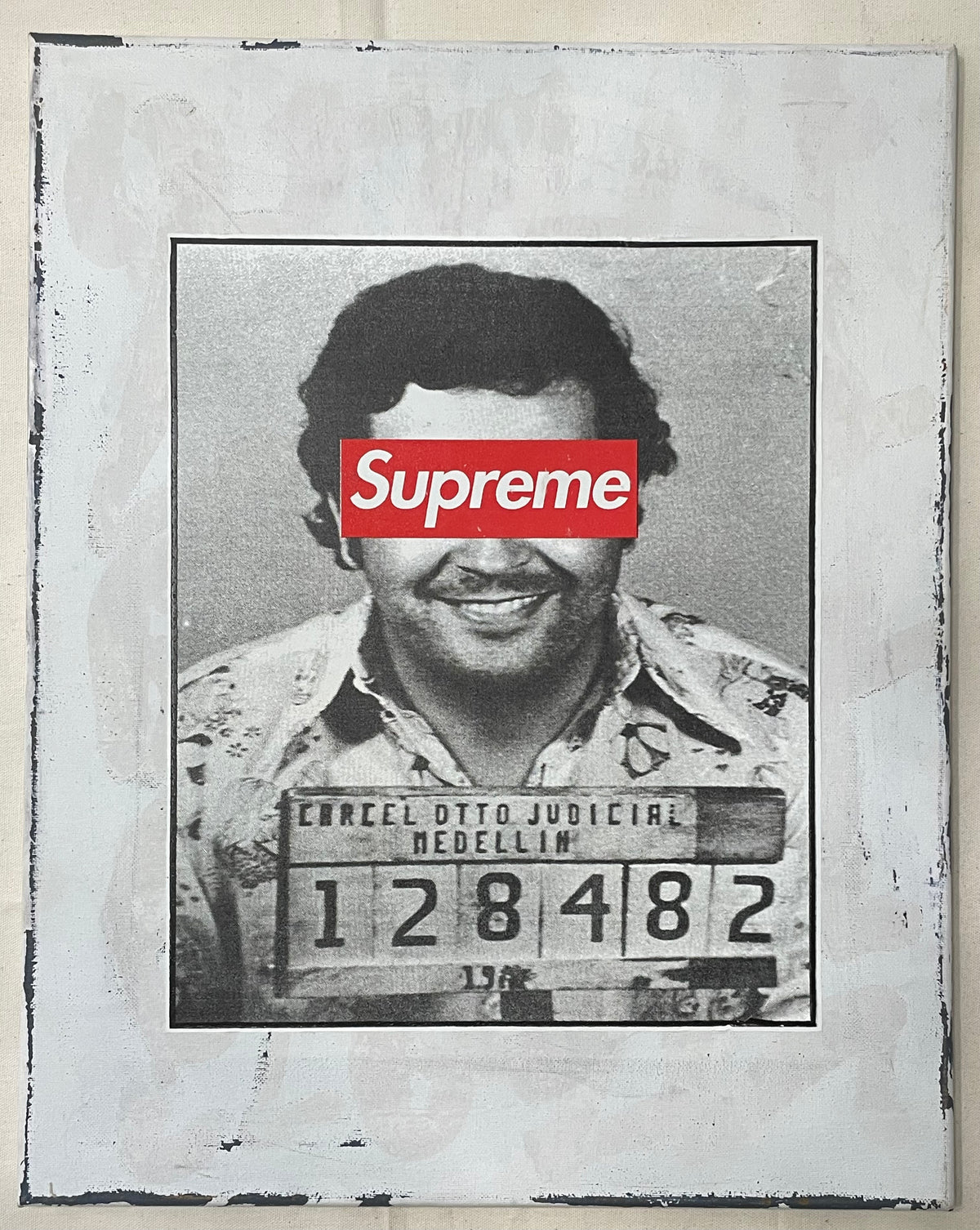 original mixed-media art, SUPREME Pablo Escobar mugshot c.2000 | Happiest Kid Finds art restoration vintage poster art gallery