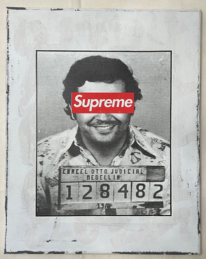 original mixed-media art, SUPREME Pablo Escobar mugshot c.2000 | Happiest Kid Finds art restoration vintage poster art gallery