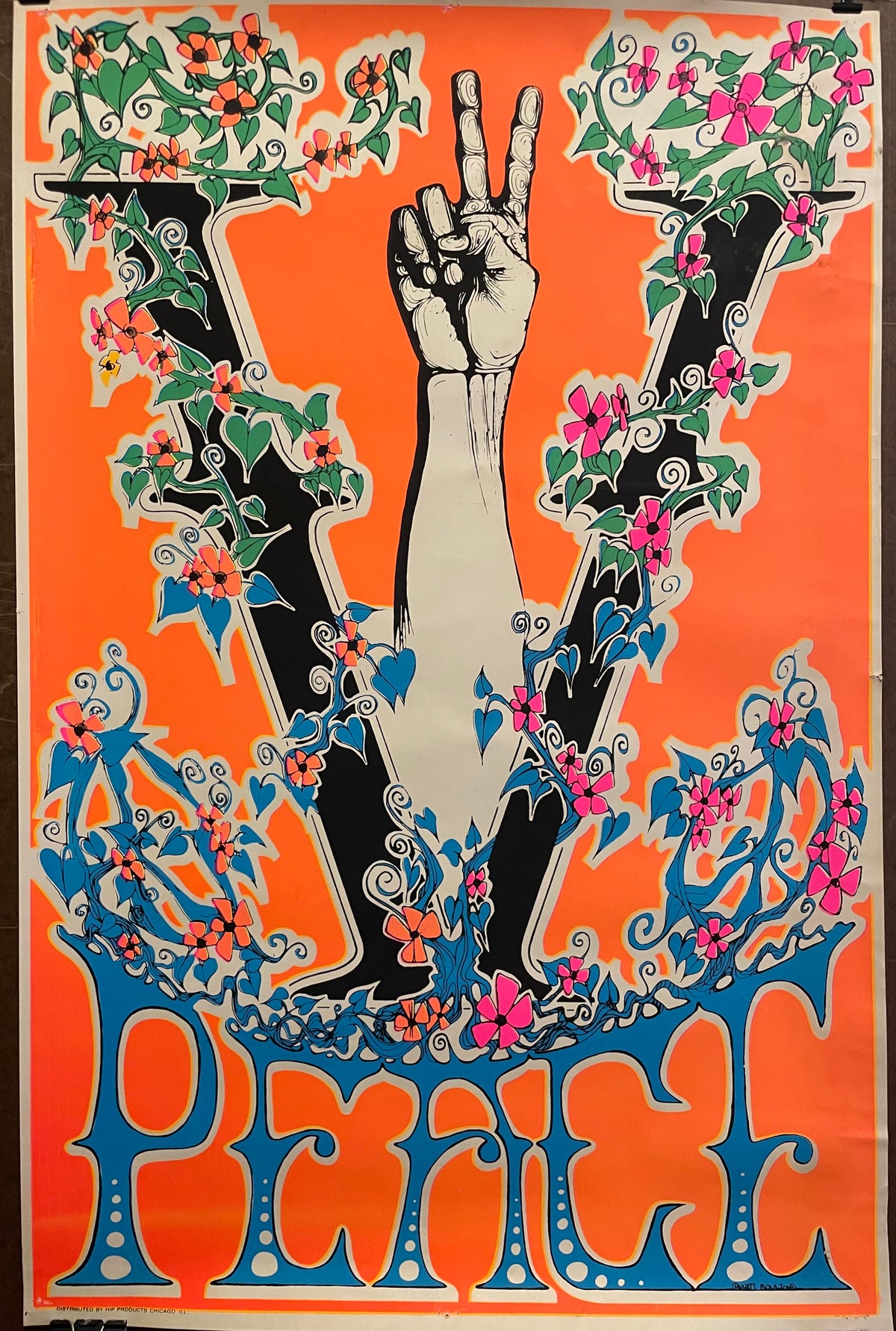 vintage V sign Peace black light poster 1970s | Happiest Kid Finds art restoration vintage poster art gallery