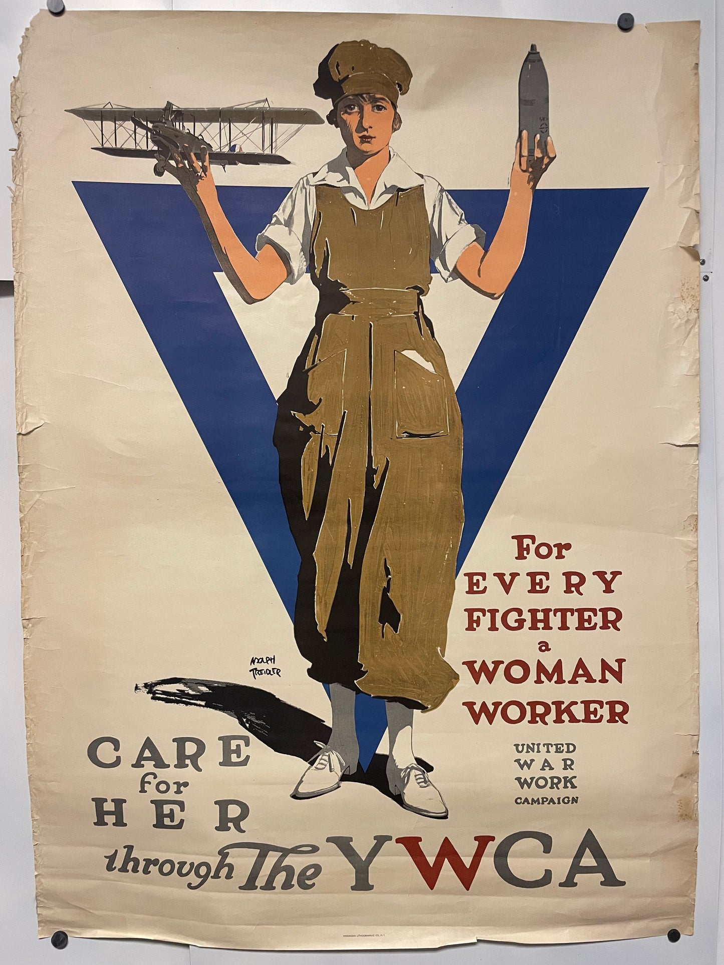 For Every Fighter a Woman Worker, antique lithographic WW1 poster by Adolph Triedler, 1919