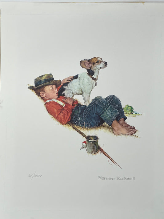(#161 / 2800) Boy and Dog Go Fishing, vintage limited edition lithograph, 1956