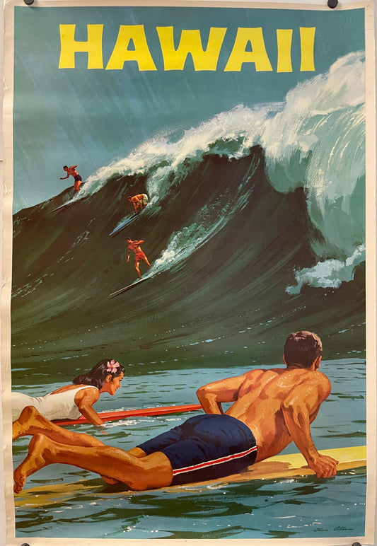 Hawaii, vintage surfing travel poster, c.1958 at Happiest Kid Finds