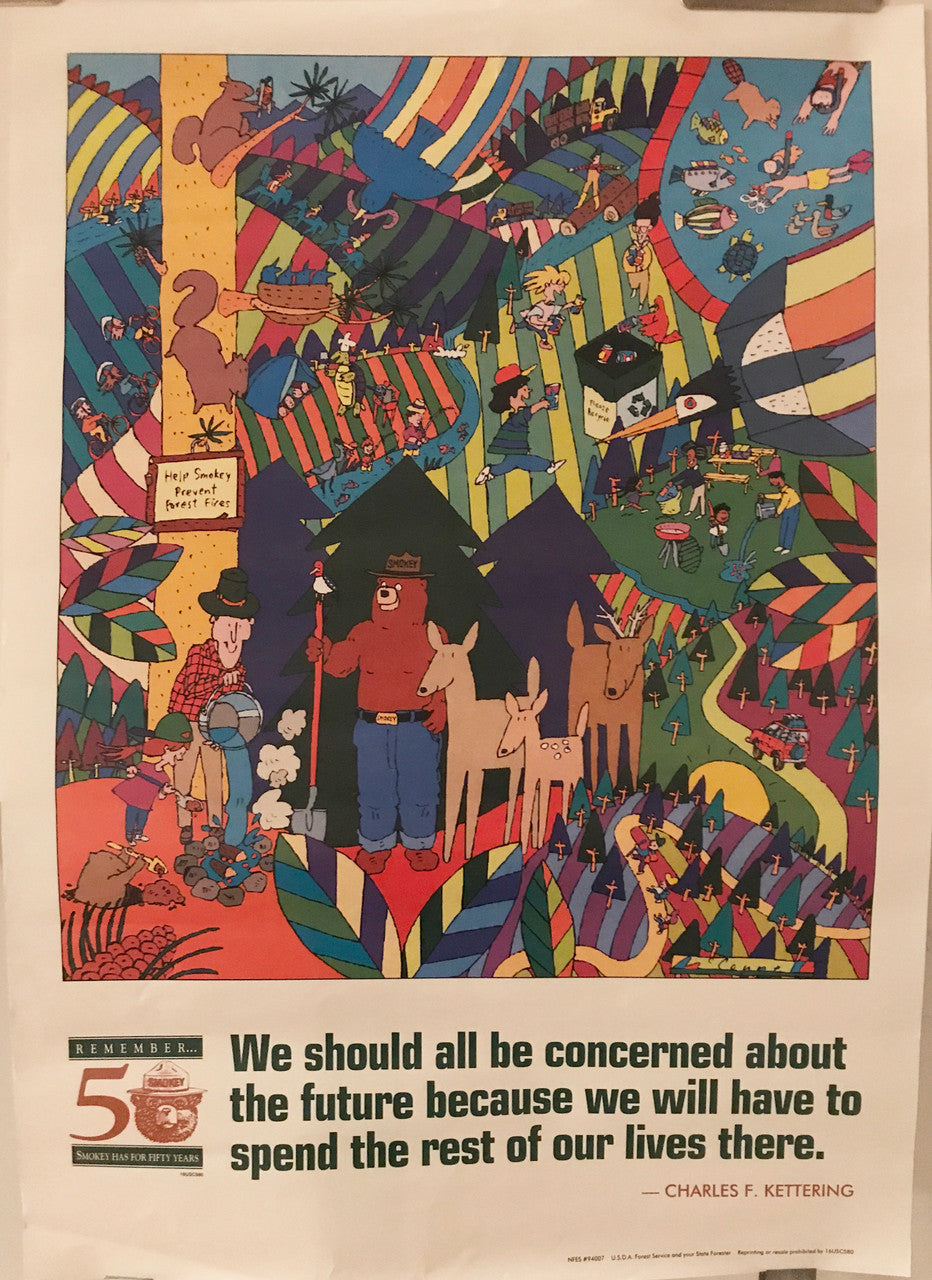 Smokey the Bear Park Fire Forest Service Announcement, Remember ... Smokey Has for 50 Years, Vintage Environmental Awareness poster, d.1994 - HAPPIEST KID FINDS - Museum-quality antique and vintage posters, original art, preservation and restoration