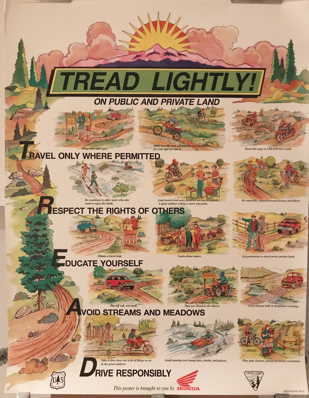 Tread Lightly, vintage environmental driving announcement poster endorsed by Honda, for the Department of Interior and Department of Agriculture, c.1994 - HAPPIEST KID FINDS - Museum-quality antique and vintage posters, original art, preservation and restoration