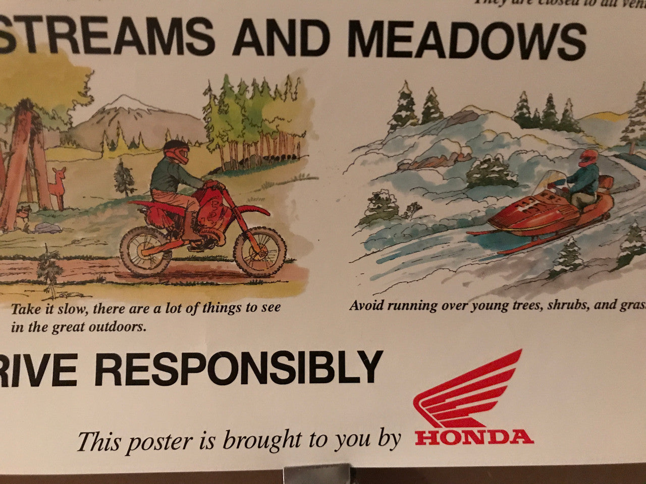 Tread Lightly, vintage environmental driving announcement poster endorsed by Honda, for the Department of Interior and Department of Agriculture, c.1994 - HAPPIEST KID FINDS - Museum-quality antique and vintage posters, original art, preservation and restoration