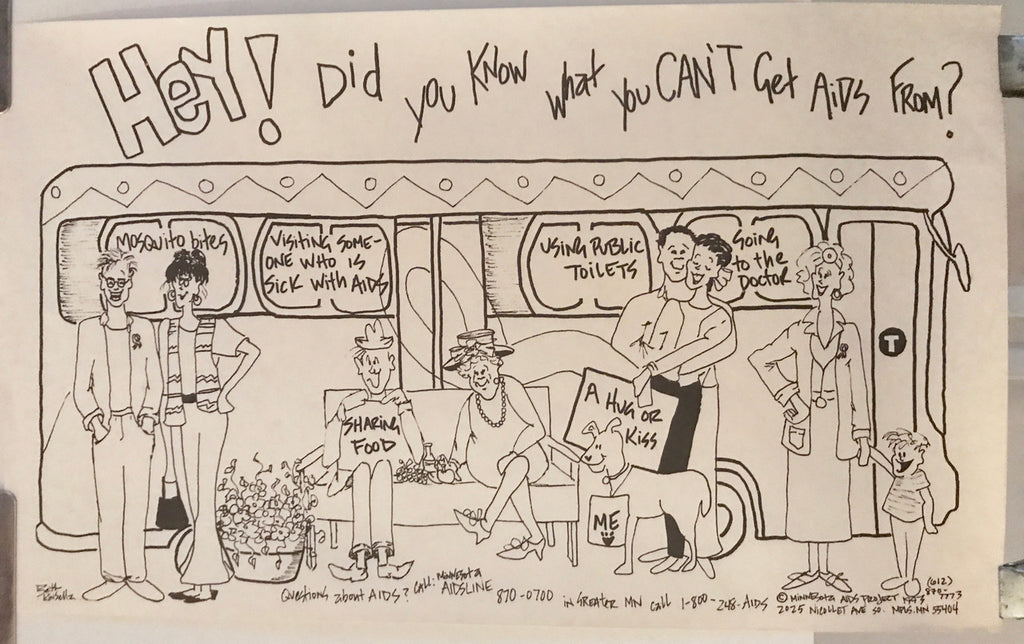 Hey! Did You Know What You Can't Get AIDS From?, Vintage Health Announcement from the Minnesota AIDS Project, poster by Beth Kinsellz, 1993 - HAPPIEST KID FINDS - Museum-quality antique and vintage posters, original art, preservation and restoration