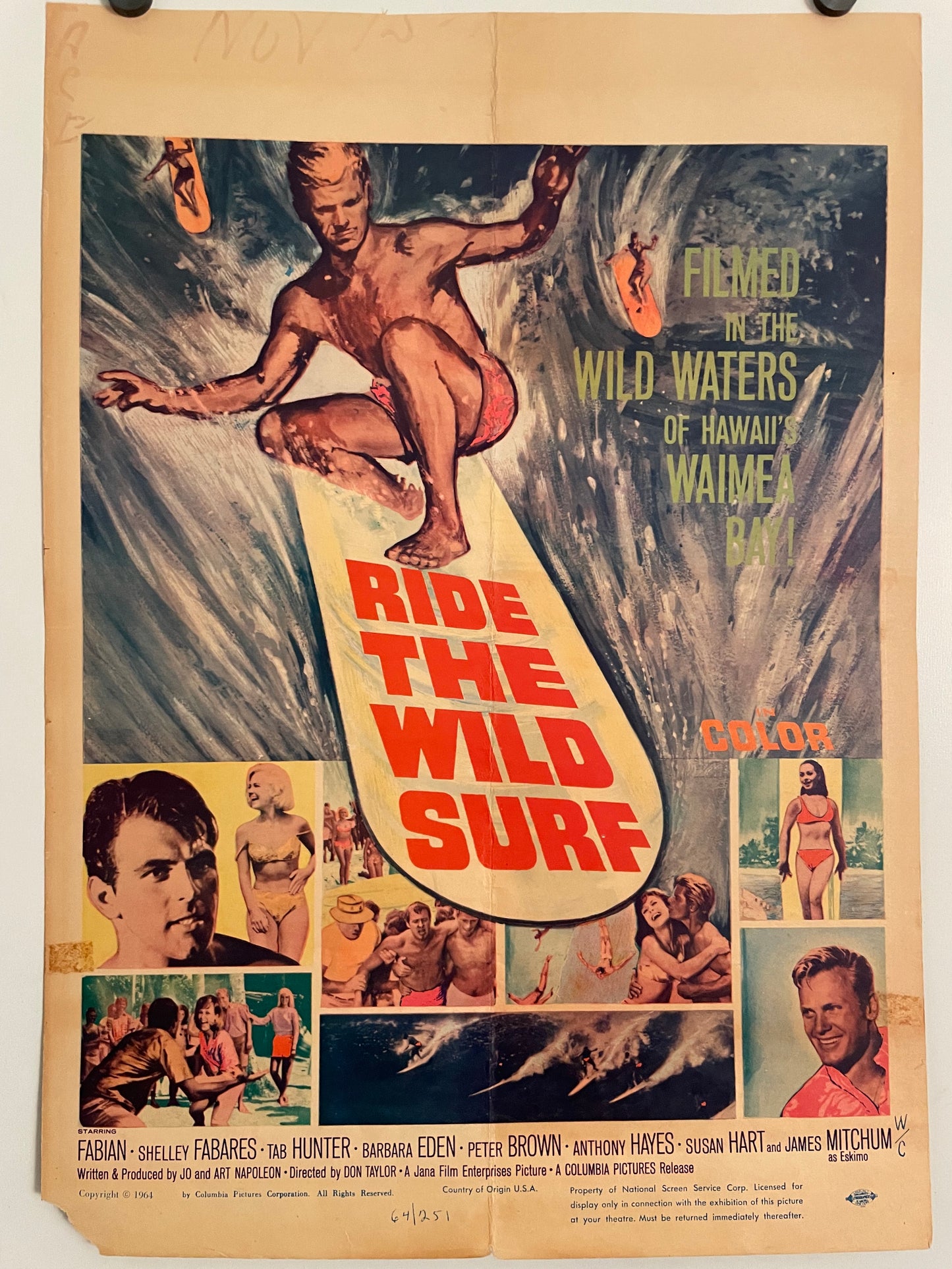 Ride the Wild Surf, vintage window card, 1964