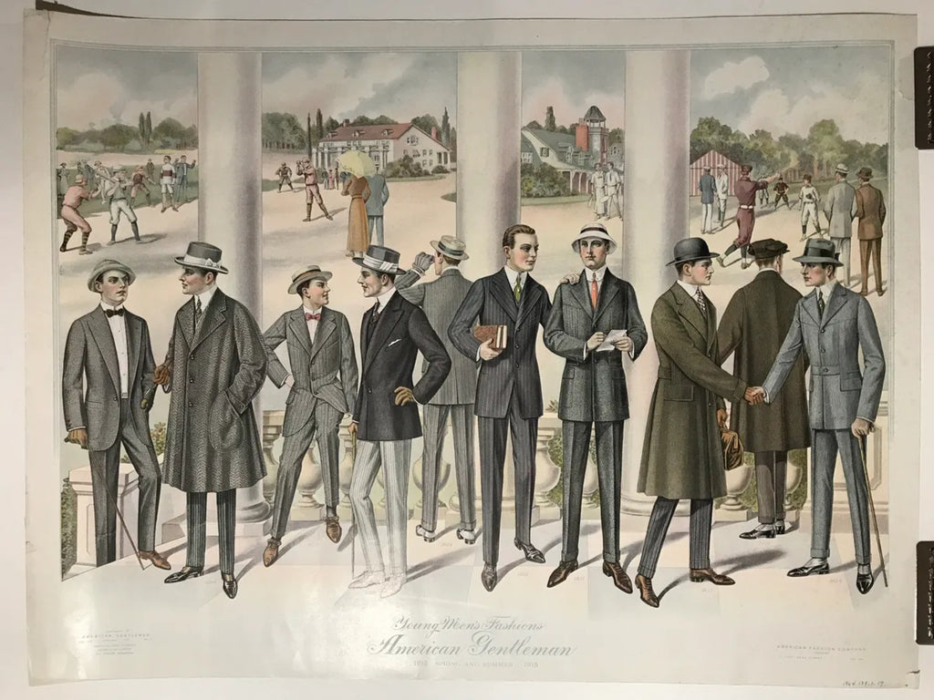 Young Men's Fashions- American Gentleman, Spring and Summer, vintage lithographic poster, 1915 - HAPPIEST KID FINDS - Museum-quality antique and vintage posters, original art, preservation and restoration