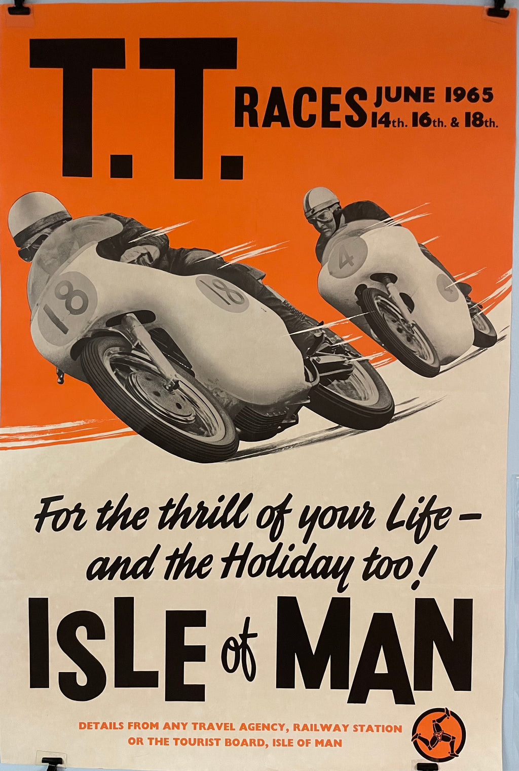 T.T. Races, June 1965, Isle of Man, vintage motorcycle racing poster - HAPPIEST KID FINDS - Museum-quality antique and vintage posters, original art, preservation and restoration