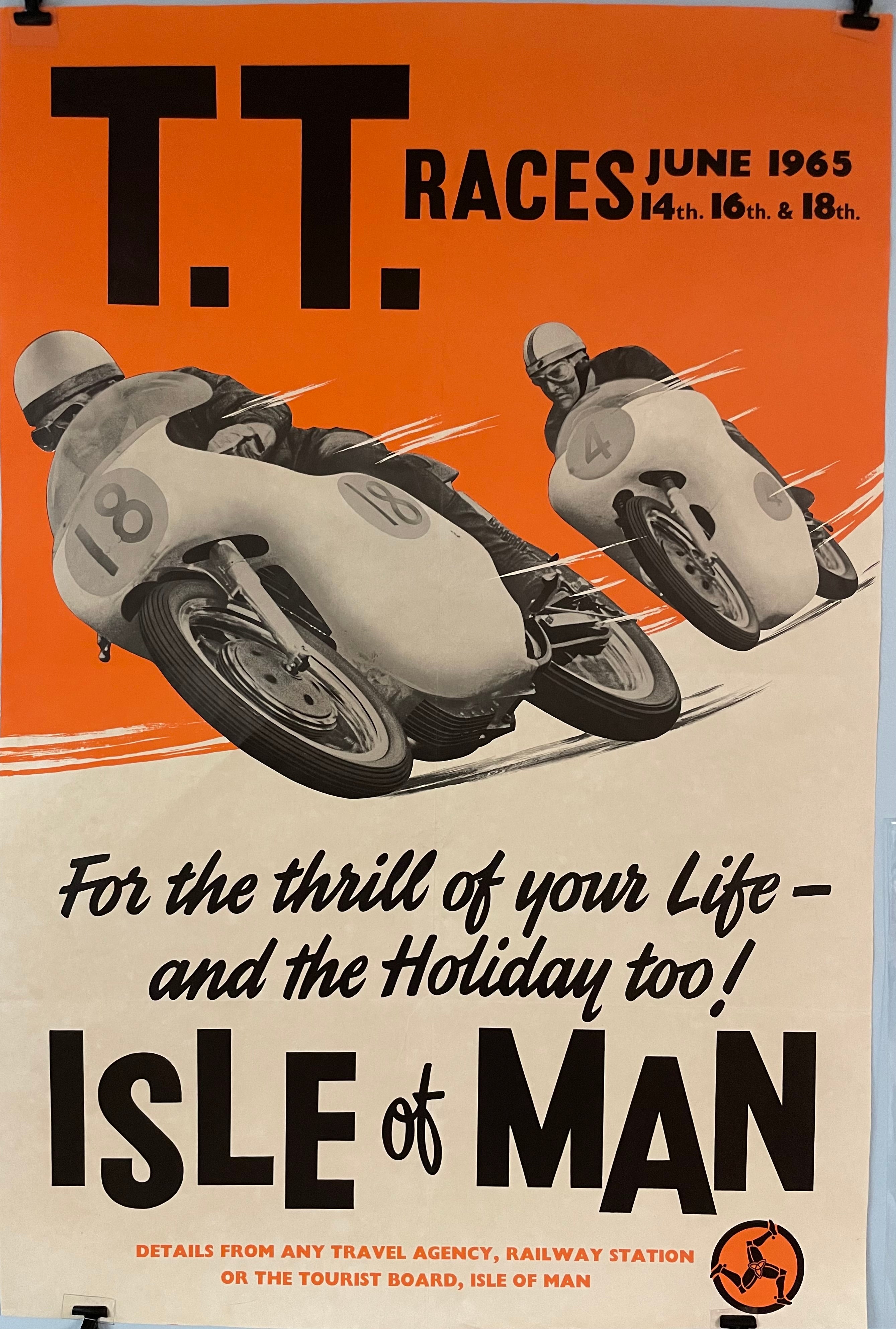 T.T. Races, June 1965, Isle of Man, vintage motorcycle racing poster - HAPPIEST KID FINDS - Museum-quality antique and vintage posters, original art, preservation and restoration