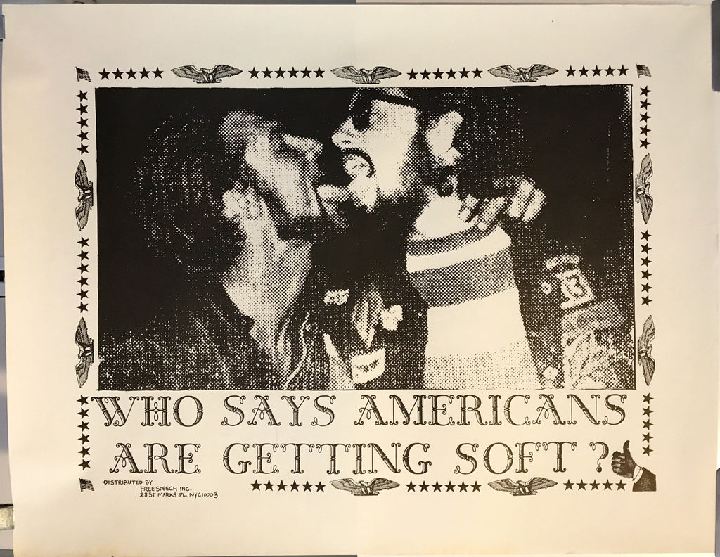 Who Says Americans Are Getting Soft?, vintage pride / counter-culture lithographic poster, c.1969 - HAPPIEST KID FINDS - Museum-quality antique and vintage posters, original art, preservation and restoration