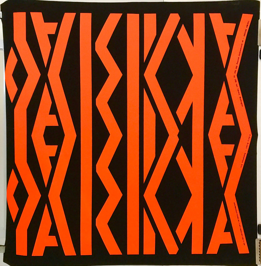 Yakima Indians - Environmental painting, vintage silk screen typographic black light poster, a. Barry Bryant, 1970 - HAPPIEST KID FINDS - Museum-quality antique and vintage posters, original art, preservation and restoration