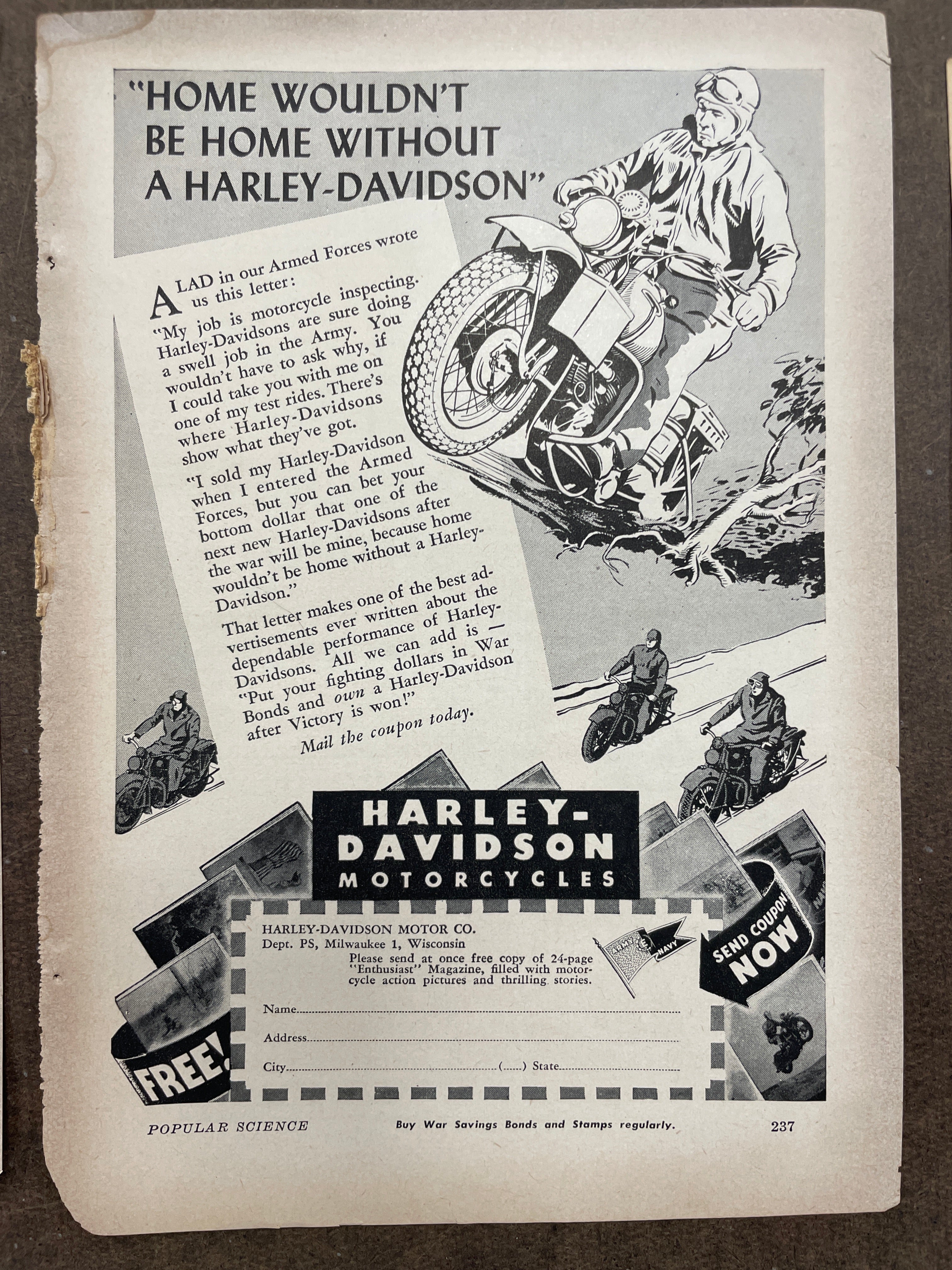 Lot of (11) Vintage Motorcycle Harley-Davidson, Indian, Triumph Motorcycle Magazine Ads from the 1940s and 1950s - HAPPIEST KID FINDS - Museum-quality antique and vintage posters, original art, preservation and restoration